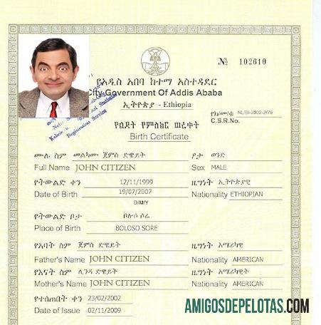 Certidão de nascimento do governo da Etiópia de Adis Abeba modelo